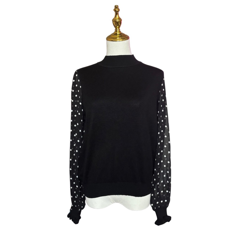Nanette Lepore Black Sweater with Polka Dot Chiffon Sleeves NWT